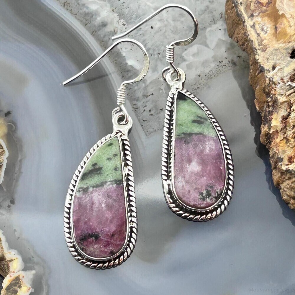 Sterling Southwestern Style Paisley Ruby Zoisite Dangle Earrings For Women